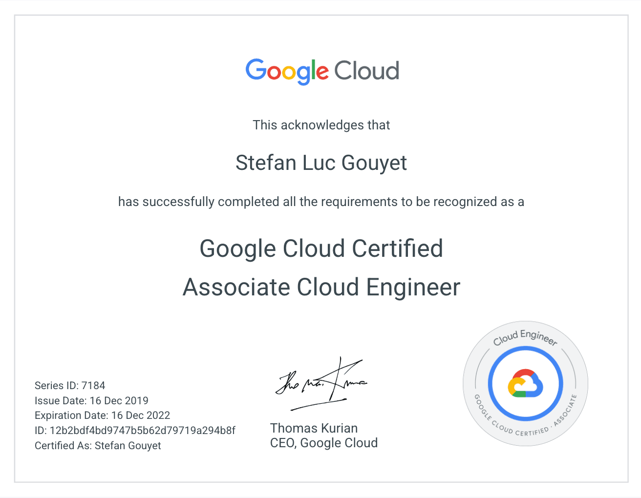 Google Cloud Associate Cloud Engineer certificate
