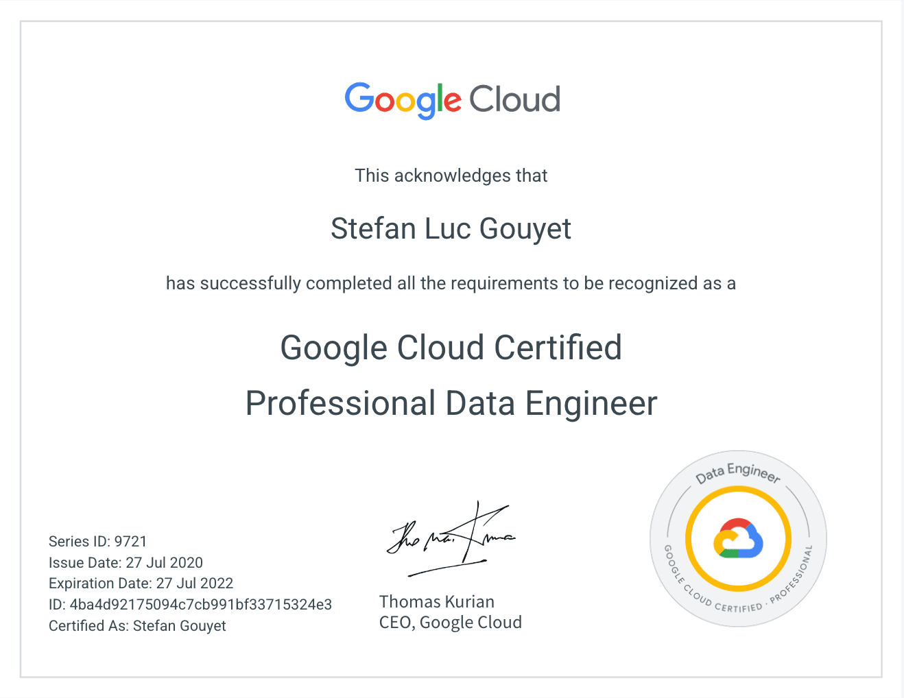 Google Cloud Professional Data Engineer certificate