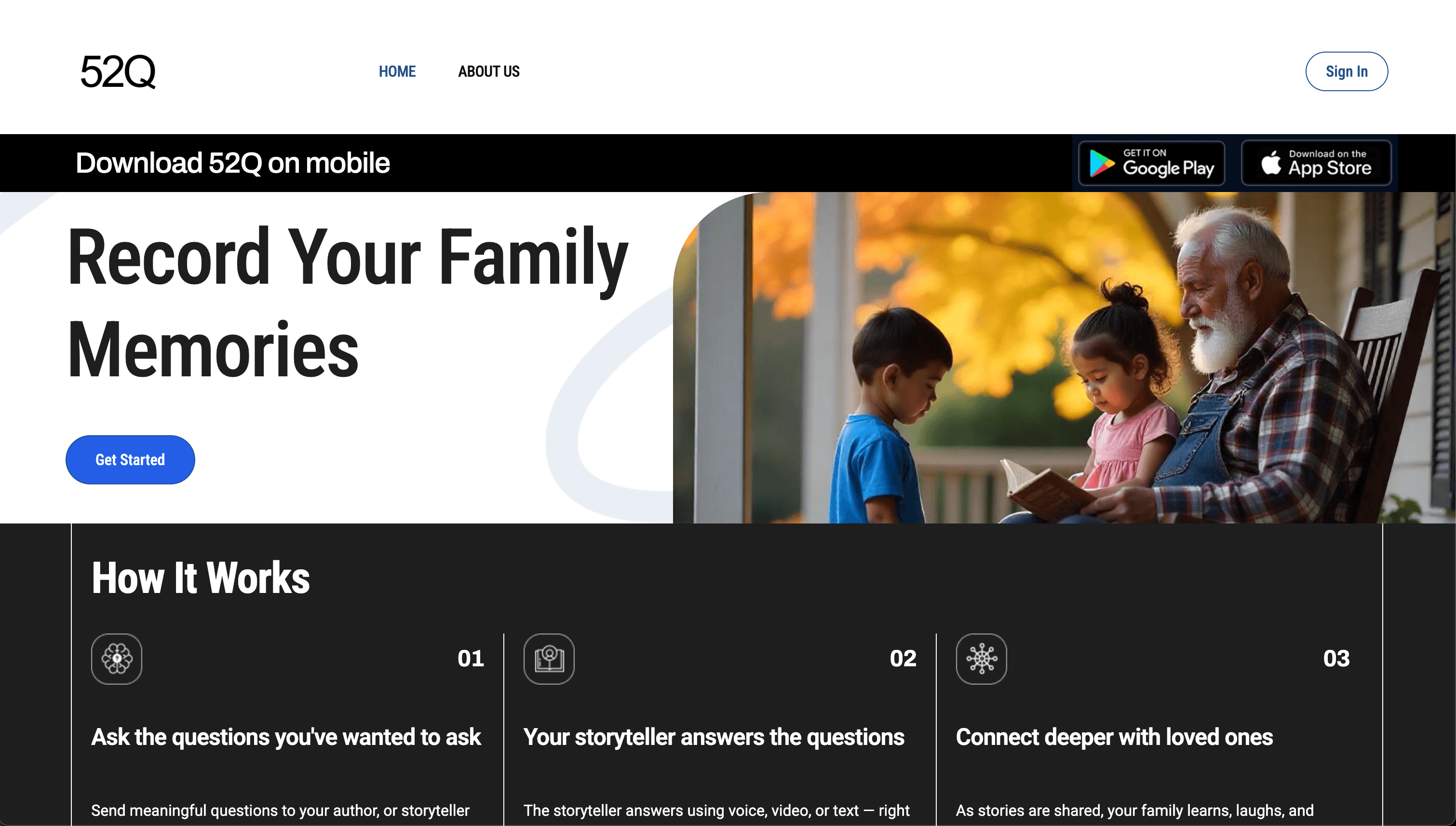 52 Questions web app home